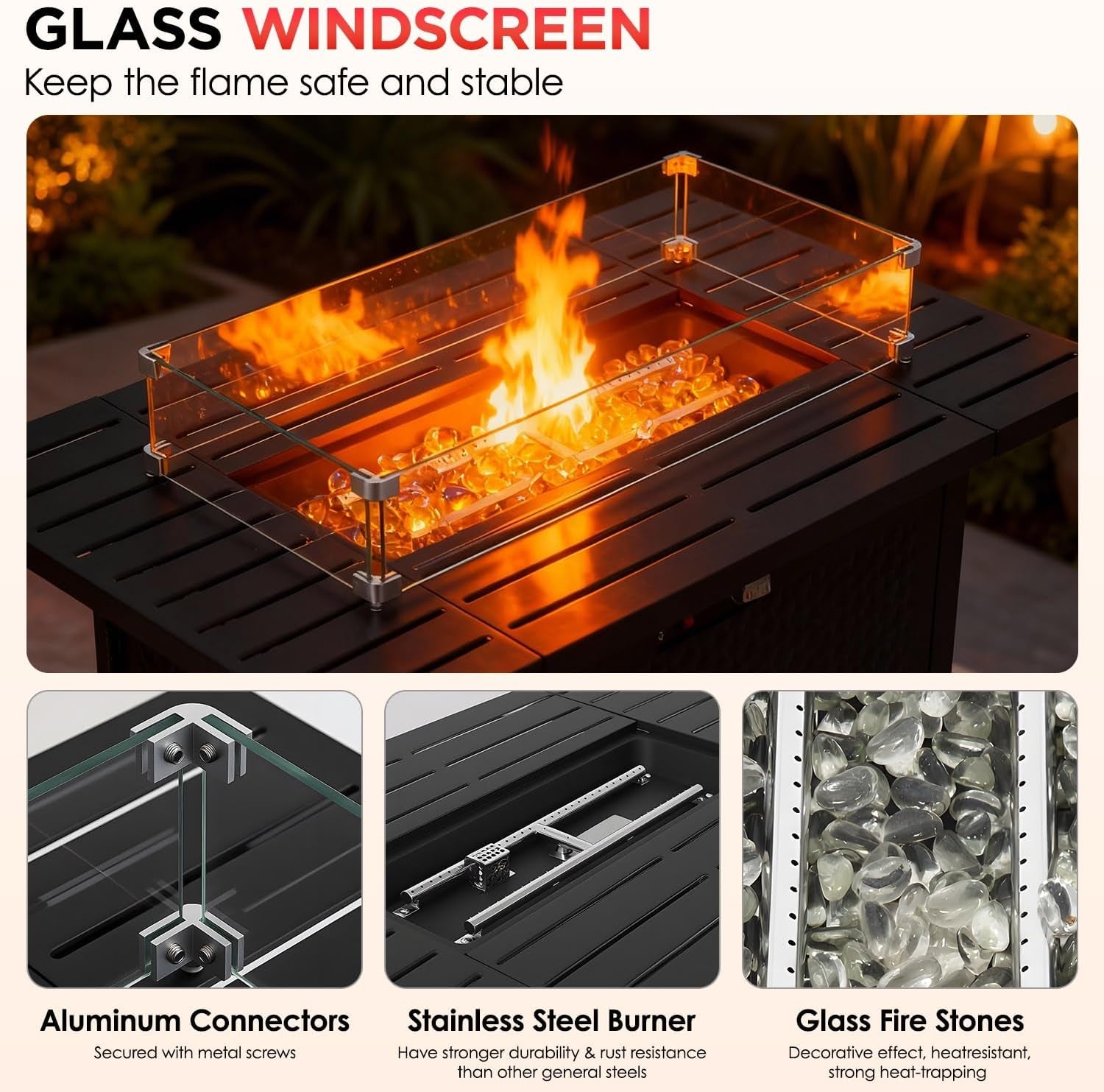 43 Inch Outdoor Propane Fire Pit Table with Glass Wind Guard, Rectangular Patio Fire Table, 50,000 BTU Smokeless Gas Firepit for Backyard, Garden & Poolside