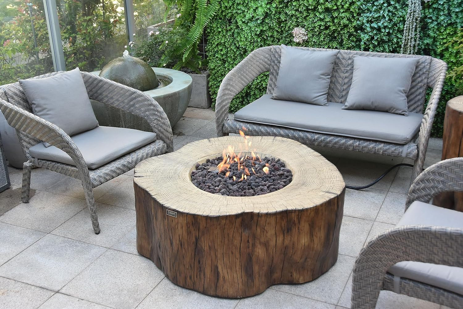 | Manchester Gas Fire Pit Cast Concrete Semi-Round Fire Table, Outdoor Fire Pit Electronic Ignition | Canvas Cover, Lava Rock Included | Red Wood (Propane Gas)