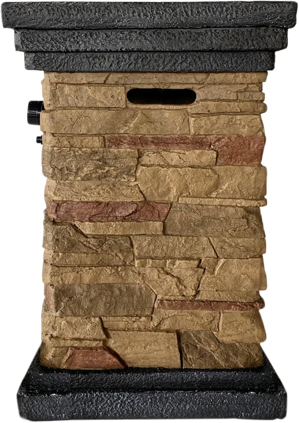 40,000 BTU Square Slate Rock Look Steel Outdoor Fire Pit Pillar outside Propane Gas Firepit with 6.6 Pounds Lava Rocks and PVC Cover for Patio Garden Backyard, 20 Inch, Brown