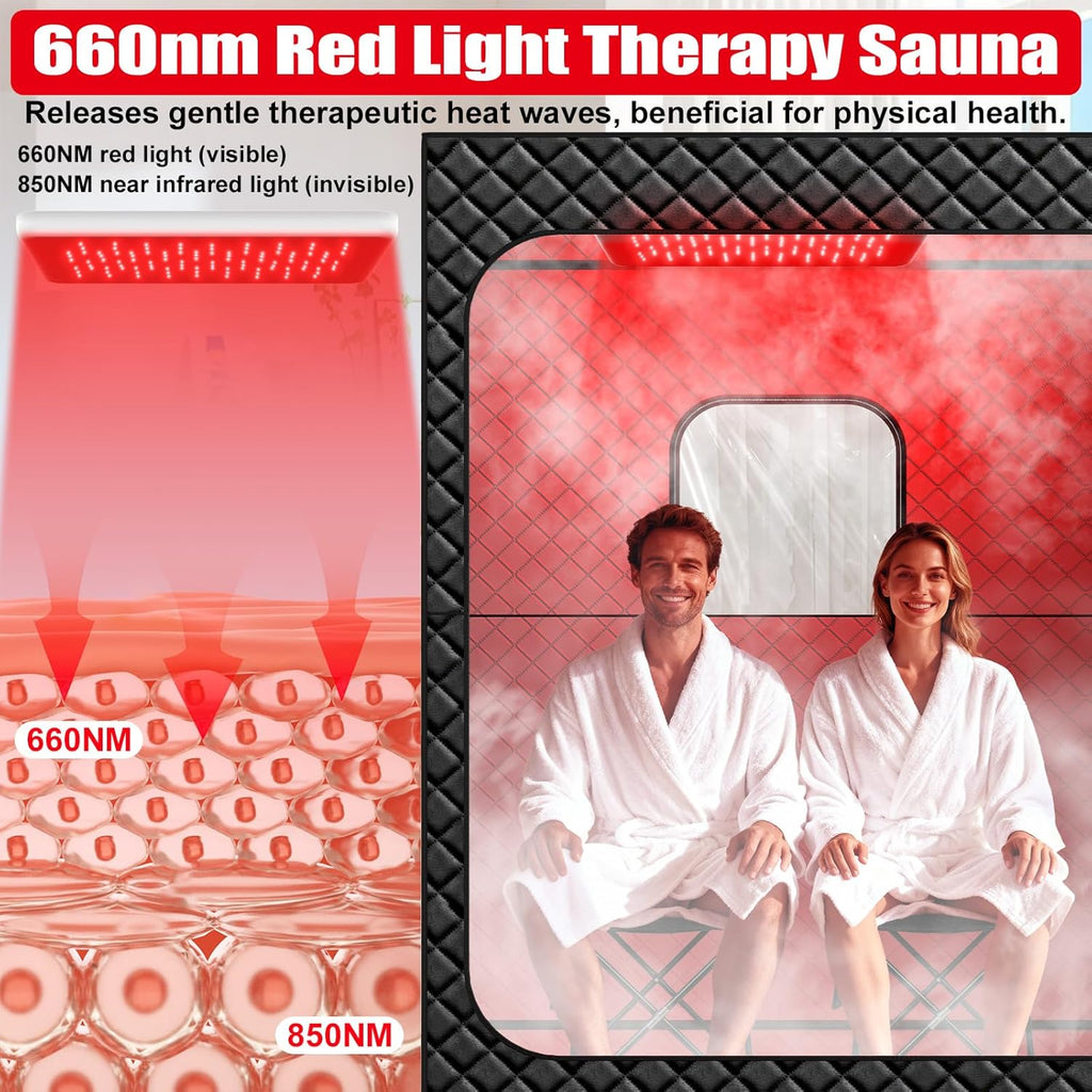 2 Person Infrared Sauna Box for Home, Portable Steam Sauna Room with 660Nm＆850Nm Red Light Therapy Lamp, 5-Layer Waterproof, 2 Steamers, 2 Folding Chair