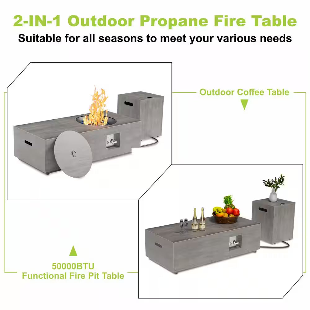 48 In. 50,000 BTU Rectangle Outdoor Gas Fire Pit Table in Brown with RGB LED Light