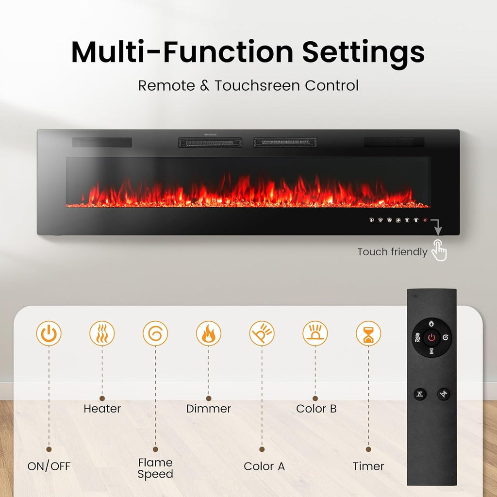 72" Electric Fireplace Wall Mounted & Recessed, 3.19" Ultra-Thin Linear Fireplace Electric Heater with Remote Control & Touch Screen, 750/1500W, Low Noise, Timer