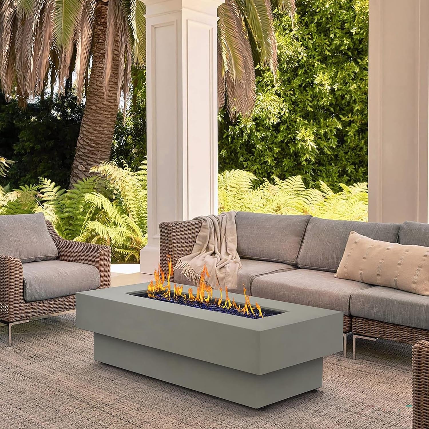 Outdoor Low Profile Fire Table, 48-Inch Rectangle Propane Gas Fire Pit Table, 50,000 BTU Modern Firepit W/Lid, Glass Rocks, Cover, Pre-Attached 10Ft Propane Hose, Flint Gray