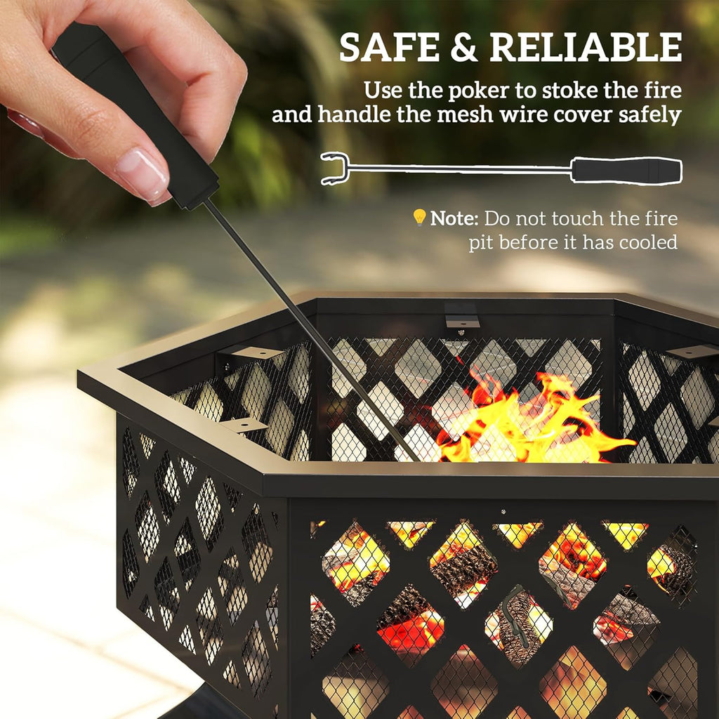 28" Outdoor Fire Pit Grill, Portable Wood Burning Firepit for outside with Cooking Grate, Fire Poker, Spark Screen Lid, Steel Hexagon Fireplace for Patio Bonfire Backyard BBQ Camping Picnic