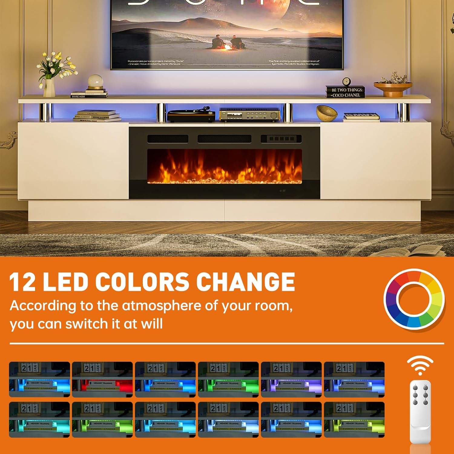 80" Fireplace TV Stand, Modern Entertainment Center & 36 Inch Electric Fireplace with Remote Control, LED Light, Fire Place Tv Stand for Living Room for Tvs up to 90", White + Black