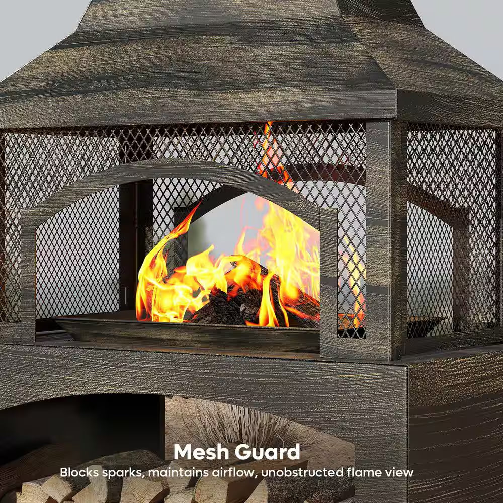 37 In. Steel Outdoor Wood Burning Fireplace with Wood Storage Rectangular Freestanding
