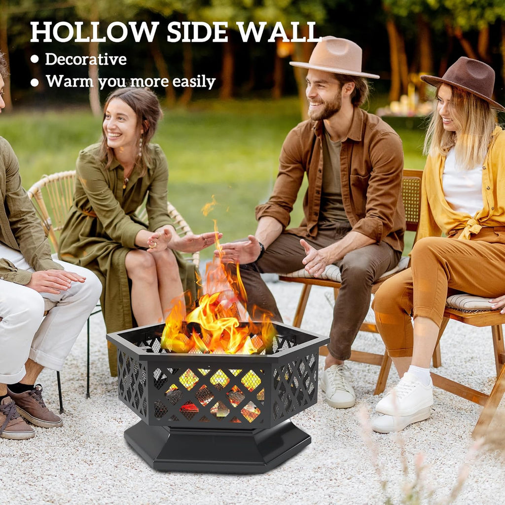 28" Outdoor Fire Pit Grill, Portable Wood Burning Firepit for outside with Cooking Grate, Fire Poker, Spark Screen Lid, Steel Hexagon Fireplace for Patio Bonfire Backyard BBQ Camping Picnic