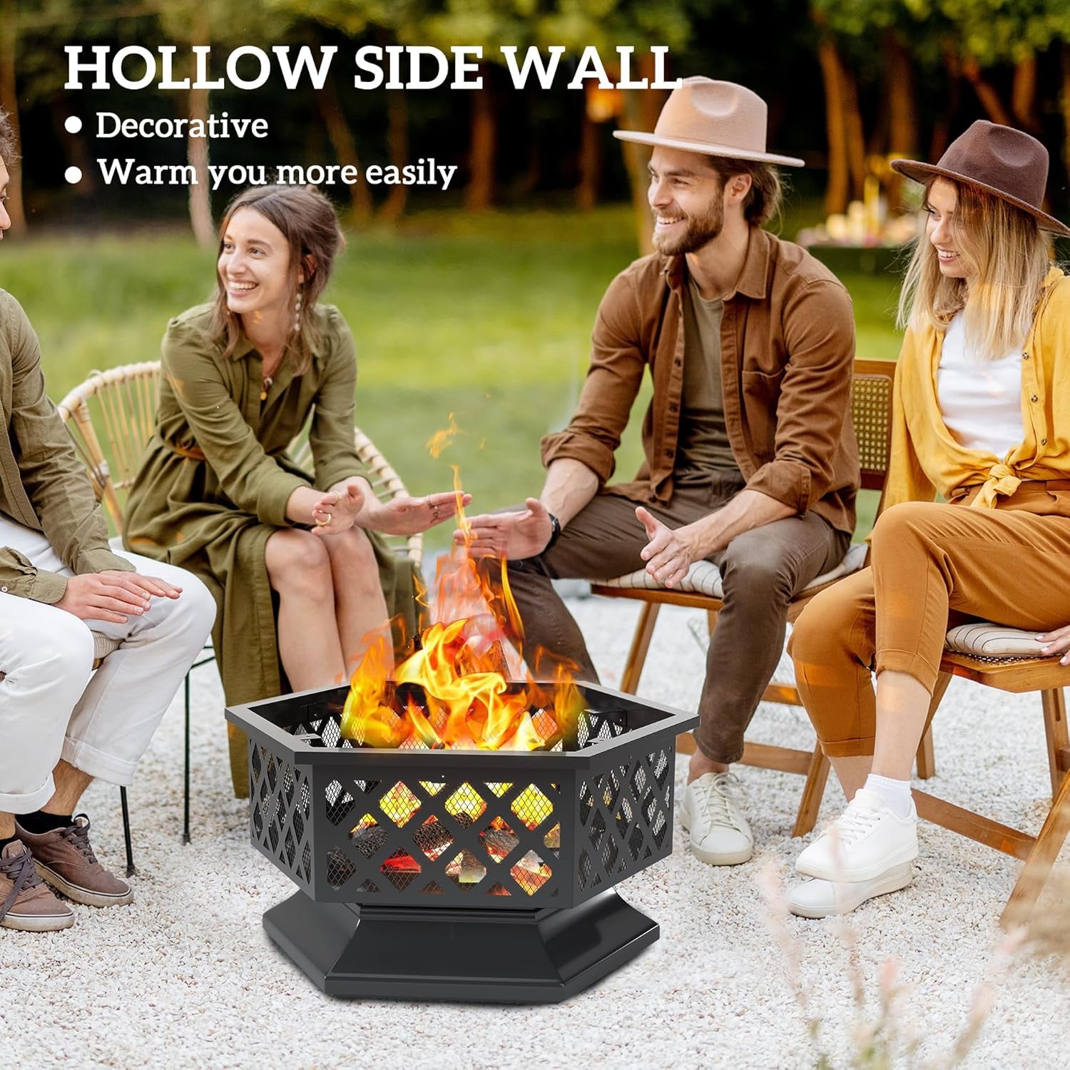 28" Outdoor Fire Pit Grill, Portable Wood Burning Firepit for outside with Cooking Grate, Fire Poker, Spark Screen Lid, Steel Hexagon Fireplace for Patio Bonfire Backyard BBQ Camping Picnic