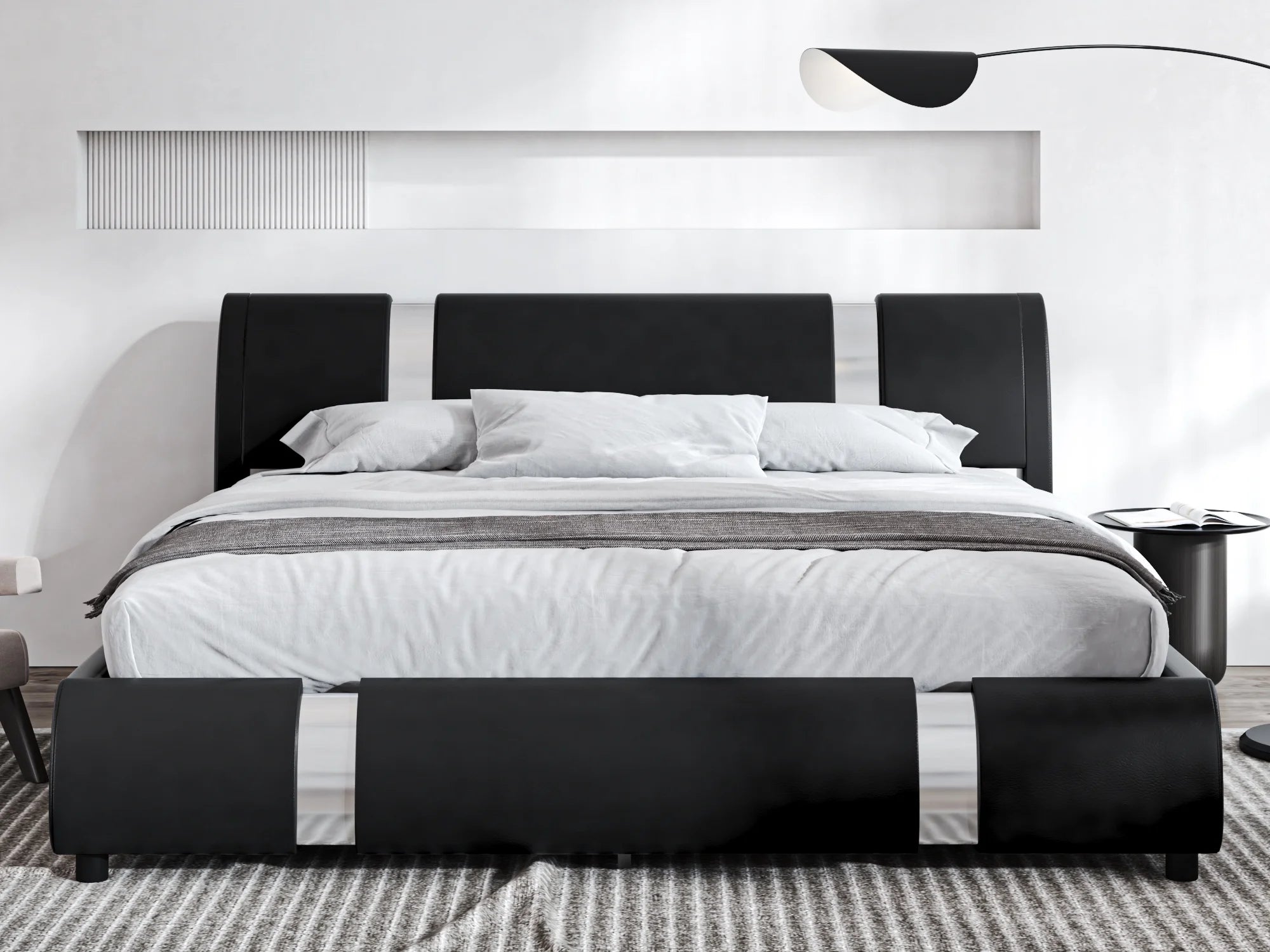 King Size Platform Bed Frame with Delux Iron Pieces Decor and Modern Faux Leather, Black