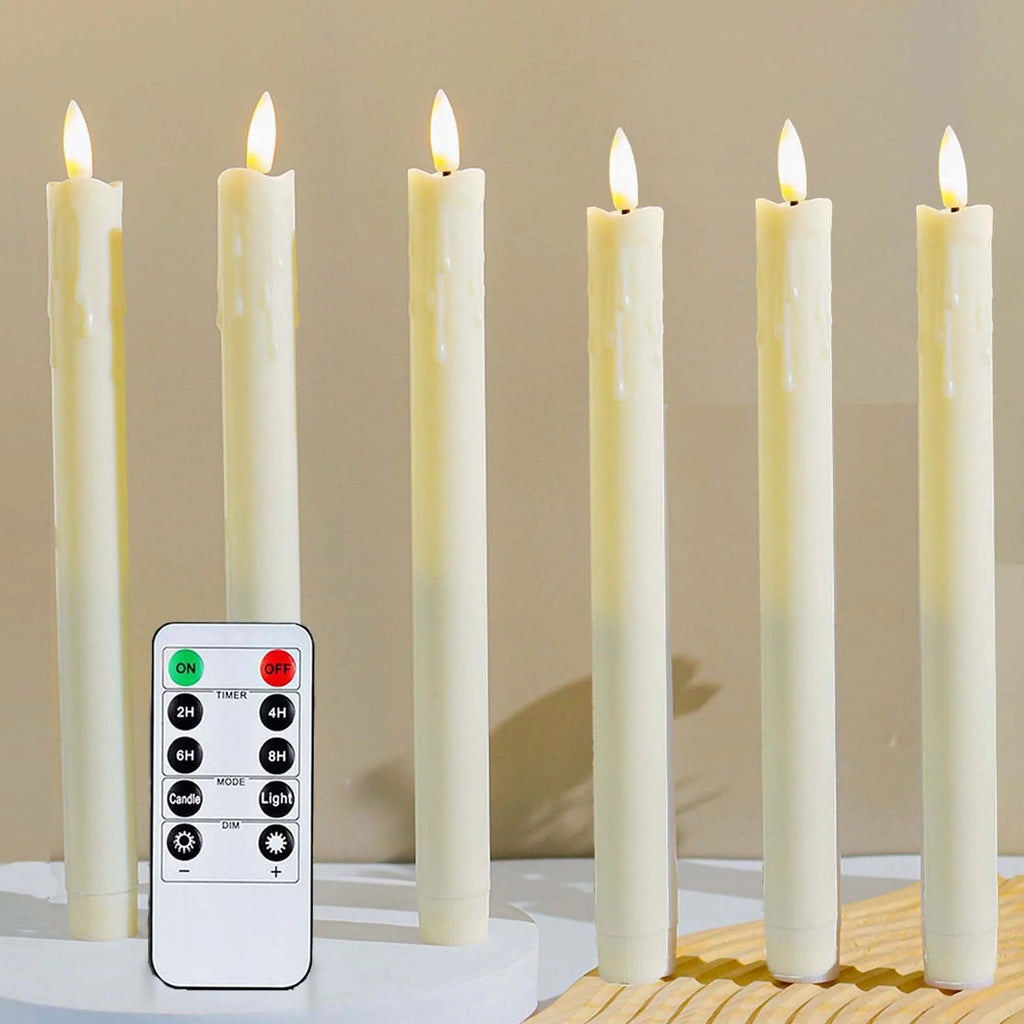 6Pack Flameless Taper Candles with Remote Timer, 9.84'' LED Fake Electric Candlesticks,Battery Operated Dripless 3D Flickering Flame Window Candles,Ivory