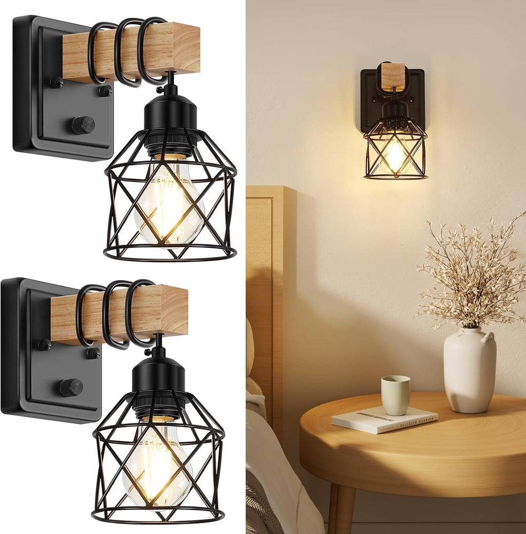 Dimmable Wall Sconces Set of Two, Bedside Wall Mounted Lamp with Rotary Switch, Wooden Black Bathroom Light Fixtures with Metal Cage, Hardwired Farmhouse Wall Lights for Bedroom, Living Room
