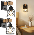Dimmable Wall Sconces Set of Two, Bedside Wall Mounted Lamp with Rotary Switch, Wooden Black Bathroom Light Fixtures with Metal Cage, Hardwired Farmhouse Wall Lights for Bedroom, Living Room