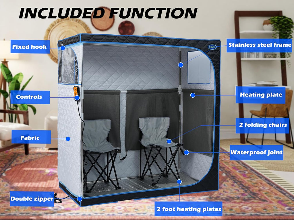 2 Person Infrared Sauna | Full Size Portable Sauna Tent | FAR Infrared Sauna for Home, 1,350Watt, Home Saunas with Heating Foot Pad*2, Portable Chair*2, (L56.7 X W31.5 X H59.4, Black)