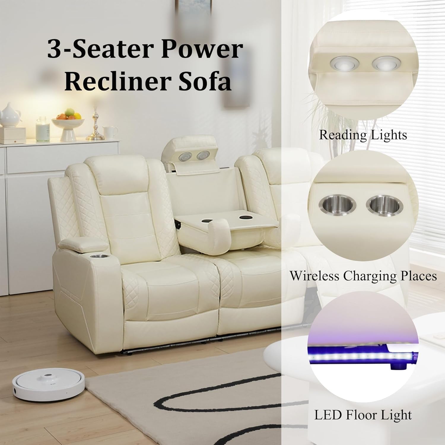Power Recliner Sectional Sofa,Breathing Leather Reclining Sectional Couches for Living Room, Living Room Furnitures Sets with Cup Holder/Usb Charge for Home Office Theater (Creamy White2)