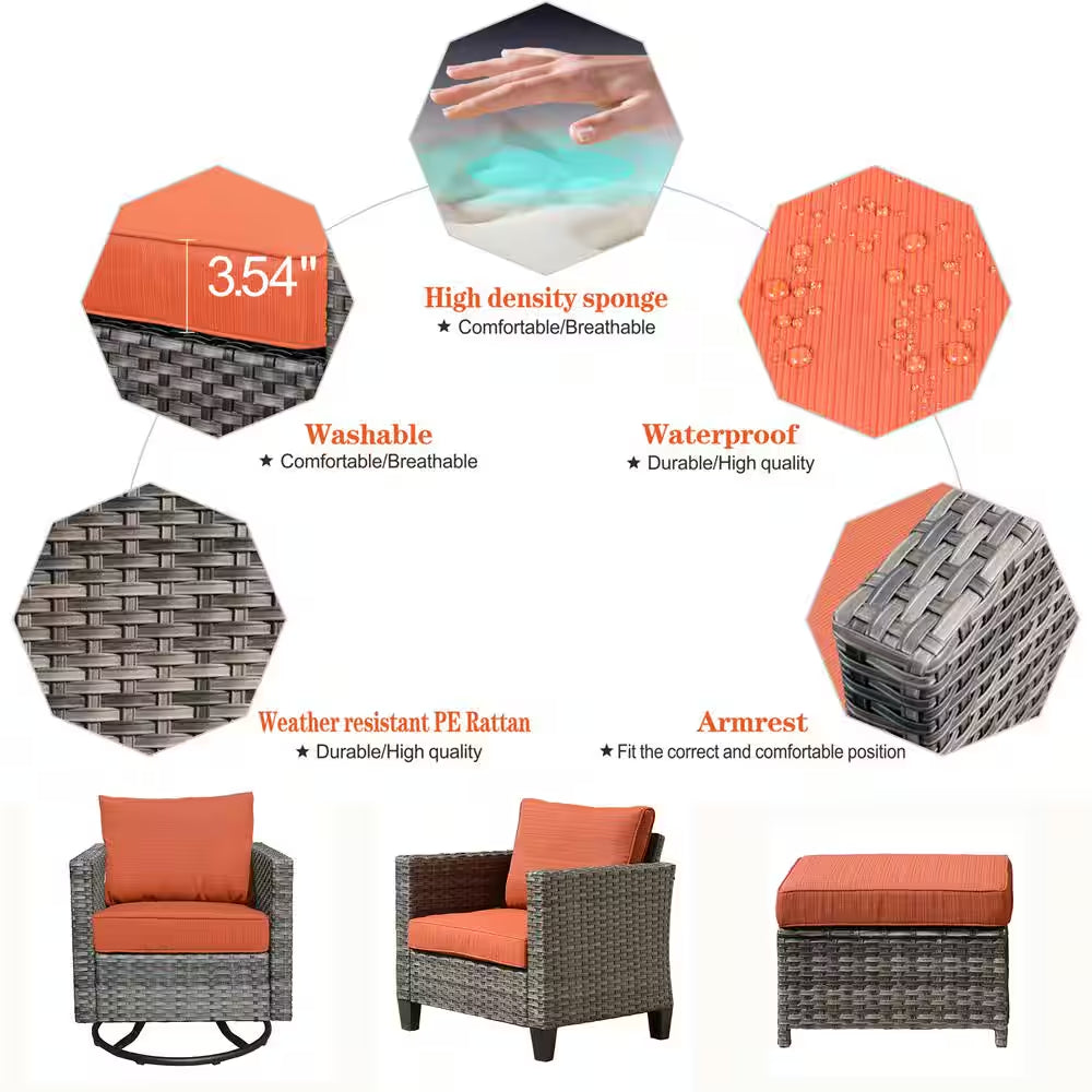 Mars Gray 9-Piece 7-People Wicker Patio Conversation Fire Pit Sofa Set with Red Orange Cushion and Swivel Rocking Chairs
