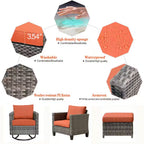 Mars Gray 9-Piece 7-People Wicker Patio Conversation Fire Pit Sofa Set with Red Orange Cushion and Swivel Rocking Chairs