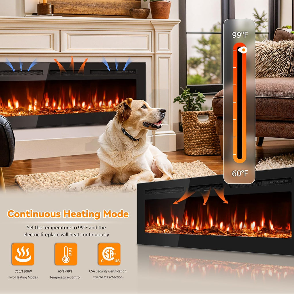 60 Inch Electric Fireplace In-Wall Recessed and Wall Mounted with Remote Control, 1500/750W Fireplace Heater (60-99°F Thermostat) with 12 Adjustable Color, Timer, Log and Crystal