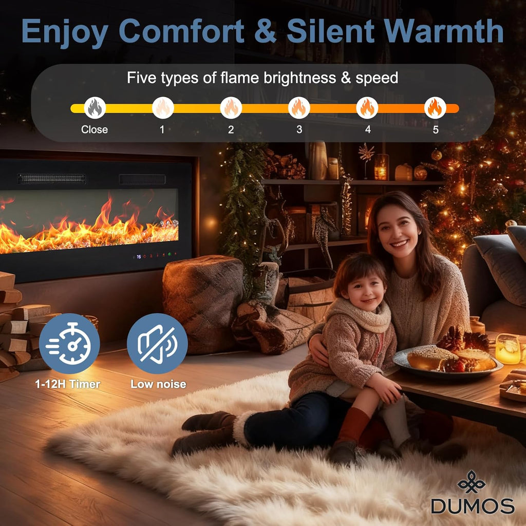 50 Inch Electric Fireplace Wall Mounted/Recessed/Free Standing Space Heater with Remote Control Adjustable Flame Colors Touch Screen Energy Saving, Black