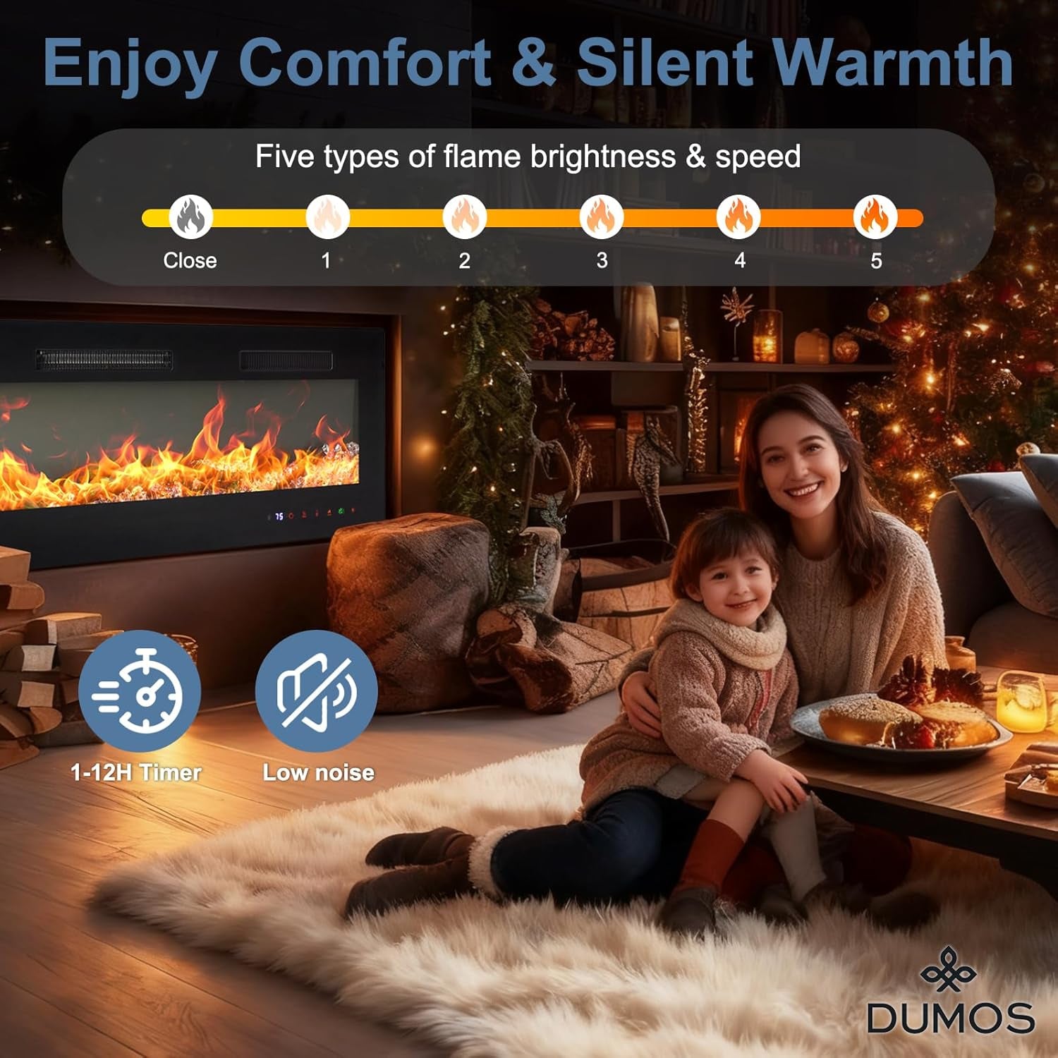 50 Inch Electric Fireplace Wall Mounted/Recessed/Free Standing Space Heater with Remote Control Adjustable Flame Colors Touch Screen Energy Saving, Black