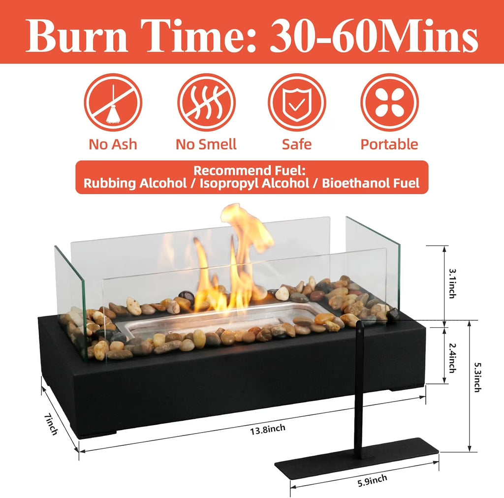 Tabletop Fire Pit - Stainless Steel Portable Fireplace with Cobblestone, Indoor Outdoor Decor, Gift for Christmas