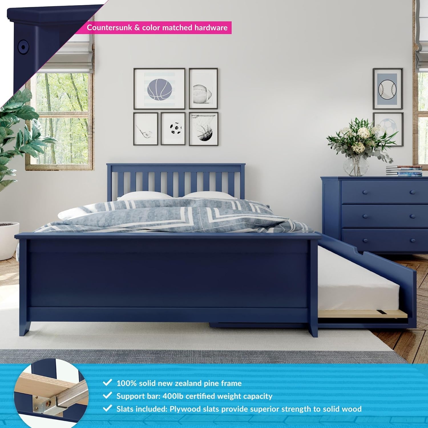 Max & Lily Full Bed, Wood Bed Frame with Headboard for Kids with Trundle, Slatted, Blue