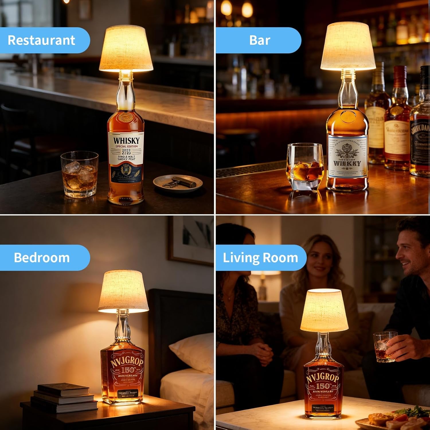 Wireless Bottle Lamp,Rechargeable RGB Linen Bottle Stopper Lamp Have 6000Mah Battery Continuous Use for 20-60 Hours，Suitable for Bedrooms Bars Living Rooms Table（2 Pack）