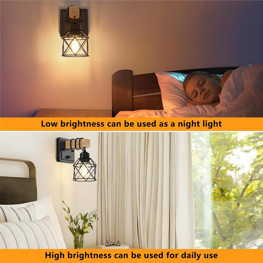 Dimmable Wall Sconces Set of Two, Bedside Wall Mounted Lamp with Rotary Switch, Wooden Black Bathroom Light Fixtures with Metal Cage, Hardwired Farmhouse Wall Lights for Bedroom, Living Room