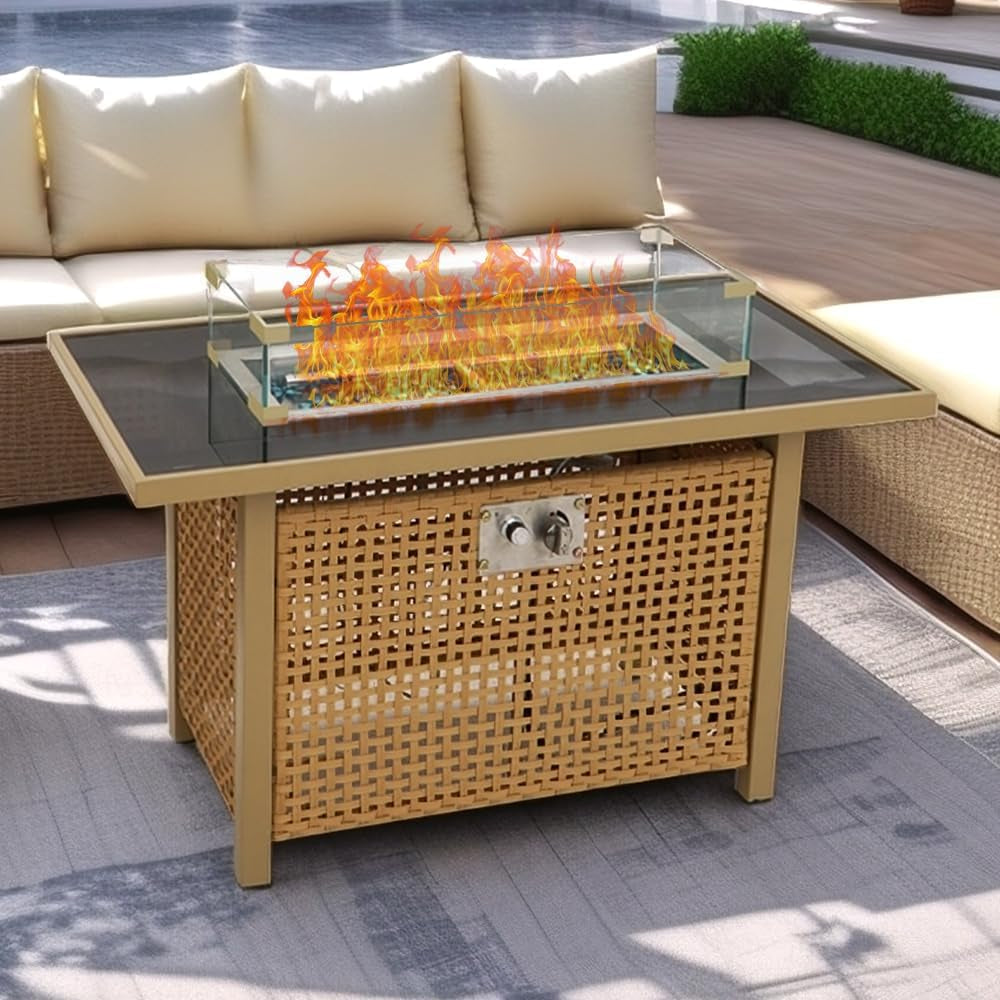 Outdoor Patio 43" Propane Gas Fire Pit Table, 60000 BTU Rectangular Open Weave with Glass Wind Guard for Garden, Couch, Porch, Backyard, Orange & Mustard Yellow