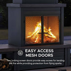 Outdoor Fireplace with Wood Storage and Chimney, Steel Metal Wood Burning Fire Pit with Mesh Spark Screen Door & Fire Poker, Fireplace Tool and PVC Cover, for Patio Garden Deck Backyard, Brown