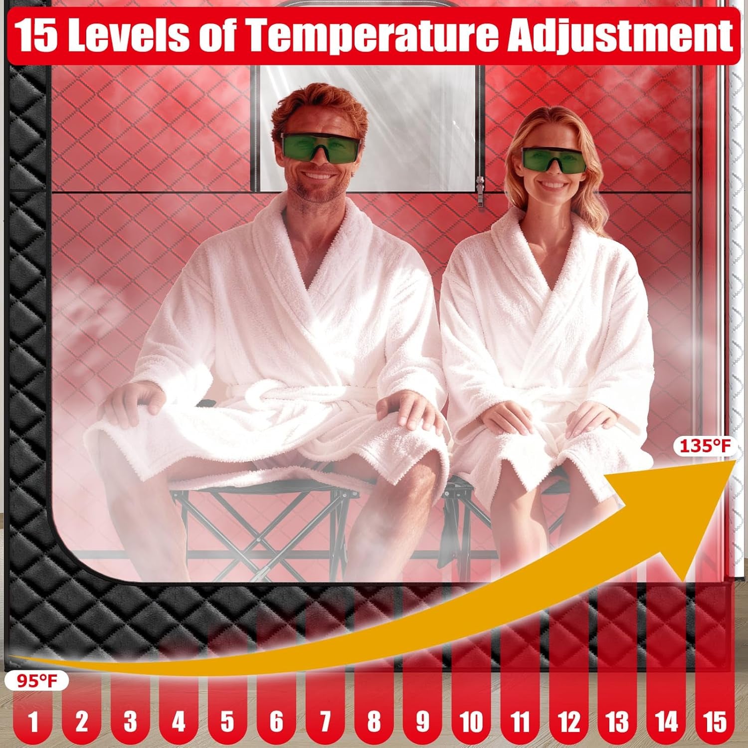 2 Person Infrared Sauna Box for Home, Portable Steam Sauna Room with 660Nm＆850Nm Red Light Therapy Lamp, 5-Layer Waterproof, 2 Steamers, 2 Folding Chair