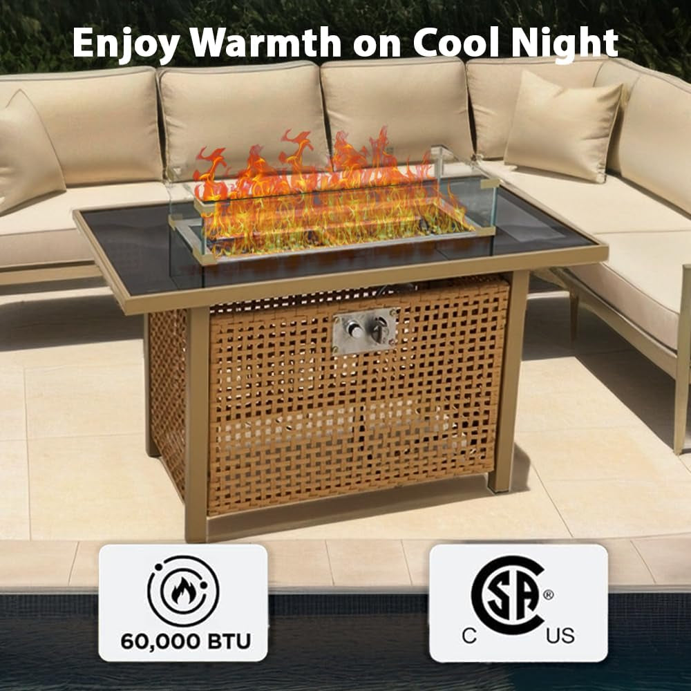 Outdoor Patio 43" Propane Gas Fire Pit Table, 60000 BTU Rectangular Open Weave with Glass Wind Guard for Garden, Couch, Porch, Backyard, Orange & Mustard Yellow