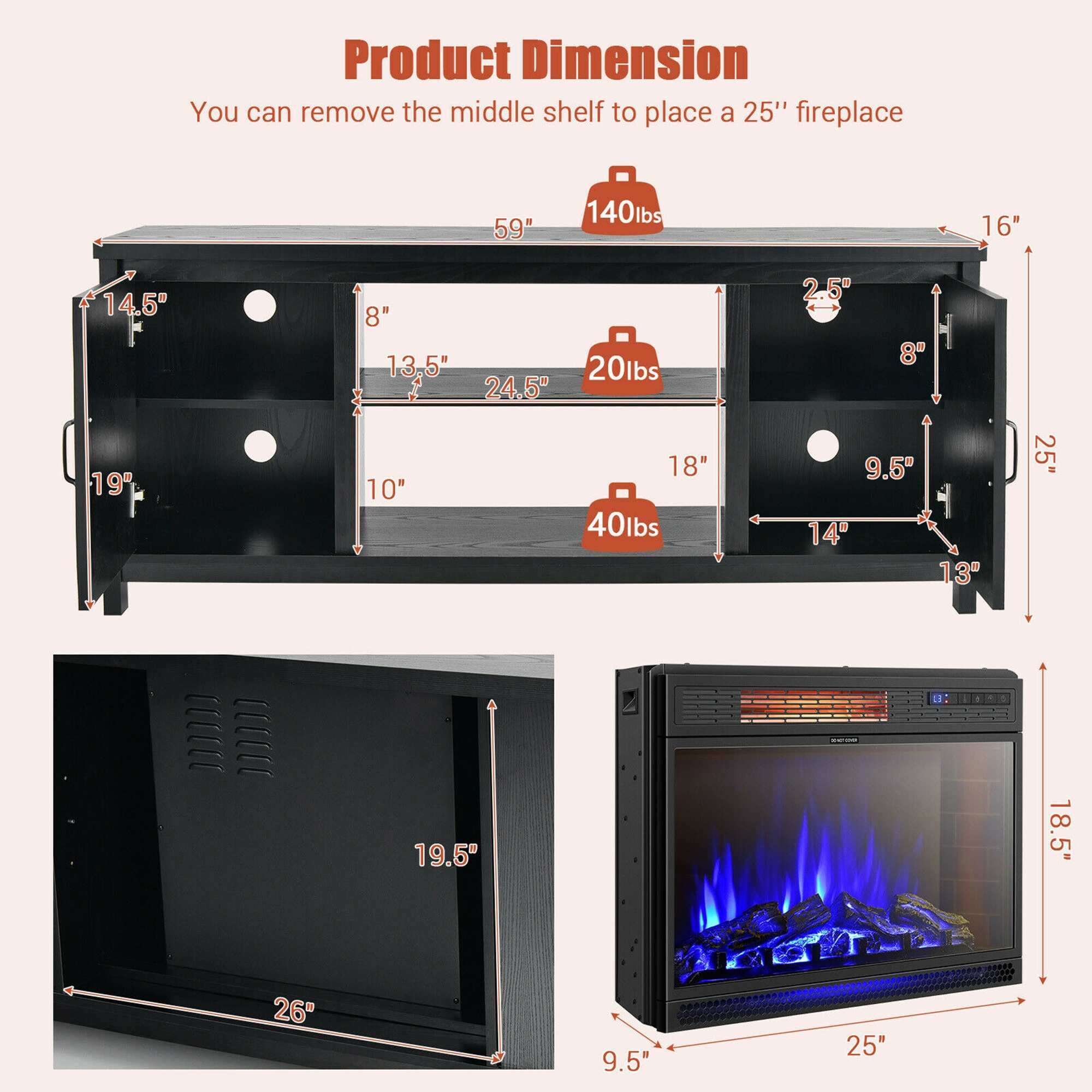 59'' Fireplace TV Stand W/ 25'' 1350W Electric Fireplace Heater