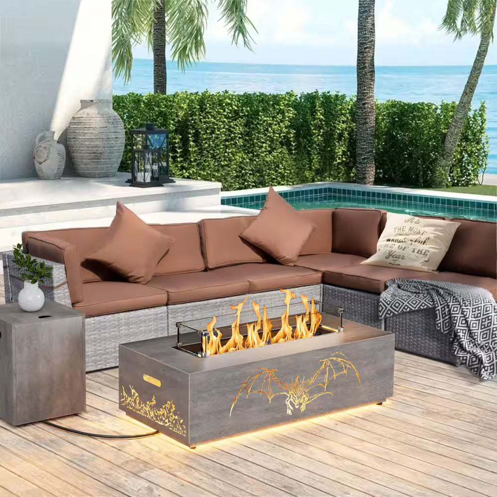 42 In. 50,000 BTU Rectangle Outdoor Propane Gas Fire Pit Table in Brown with Golden LED Light