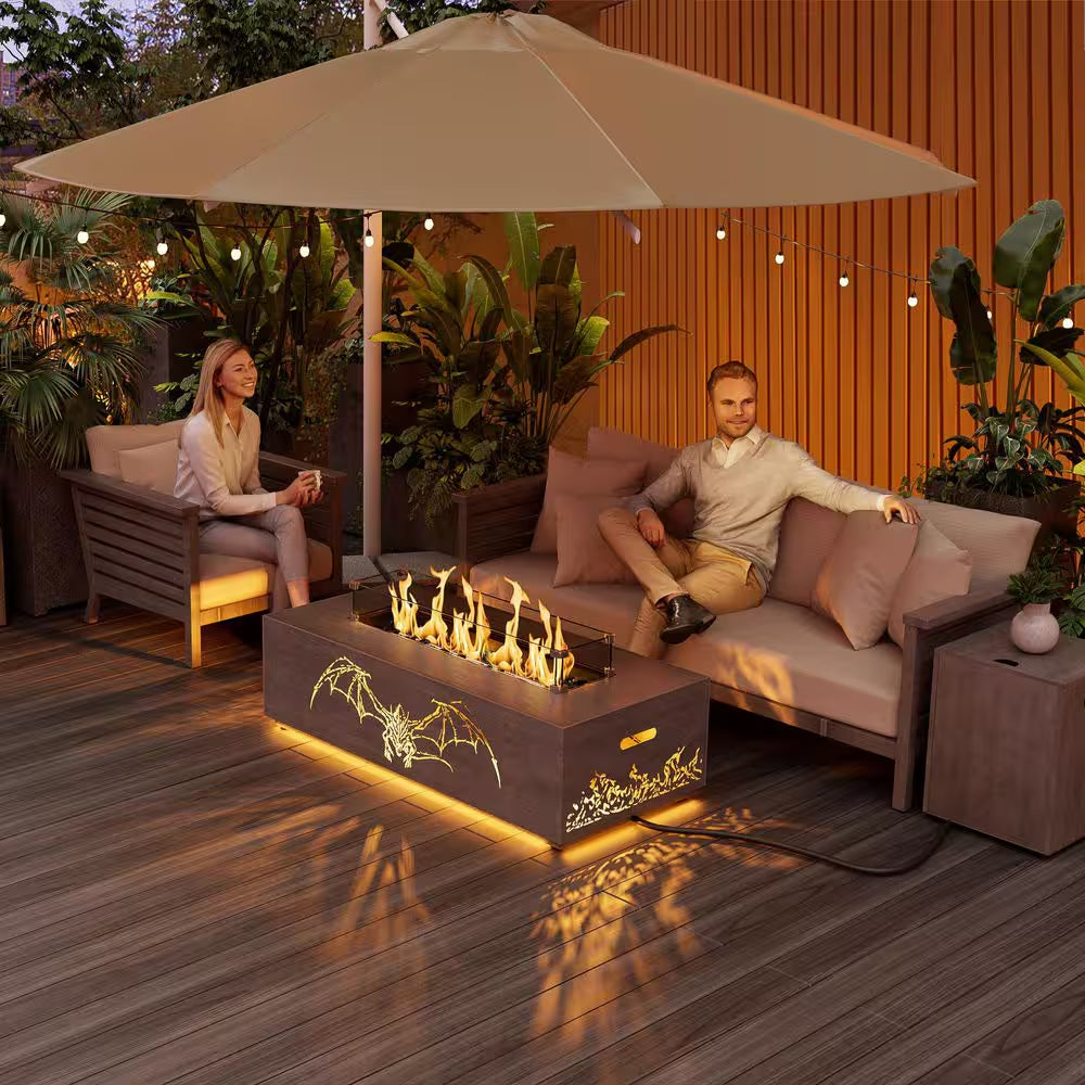 42 In. 50,000 BTU Rectangle Outdoor Propane Gas Fire Pit Table in Brown with Golden LED Light