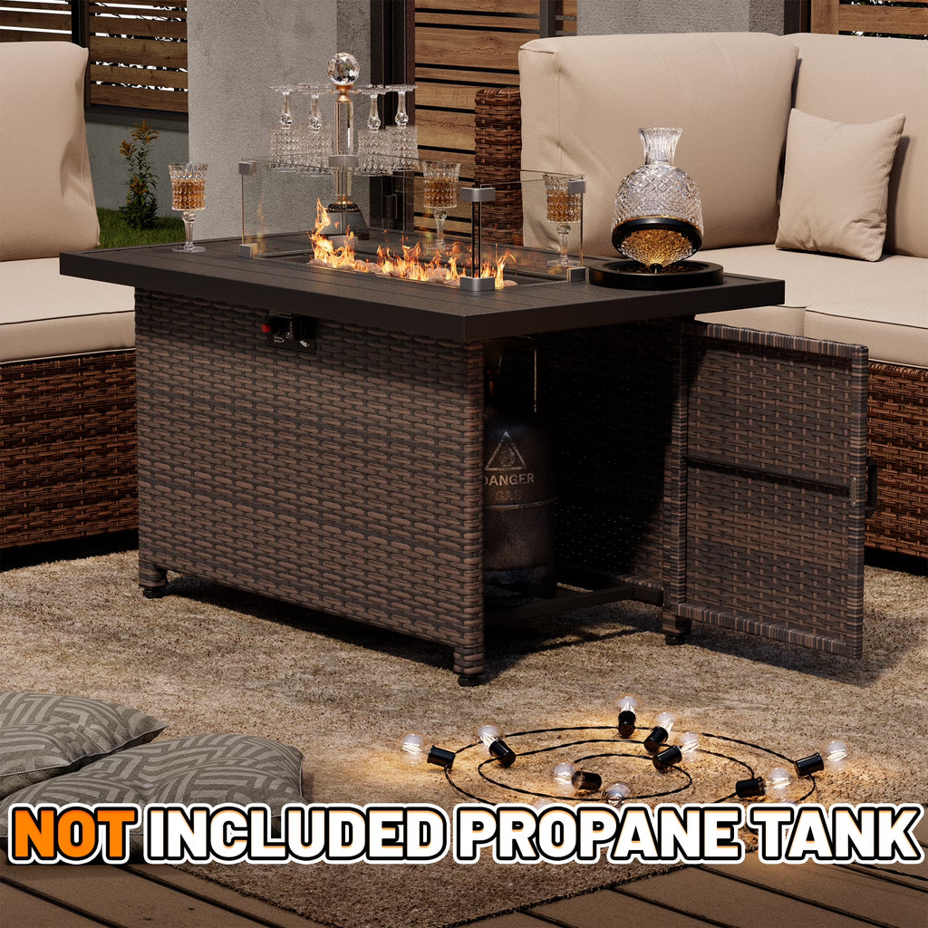 44 Inch Outdoor Wicker Fire Pit Table, 50000 BTU Propane Fire Pits with Glass Wind Guard and Lid, Patio Gas Fire Pit for outside Patio and Garden(Brown)