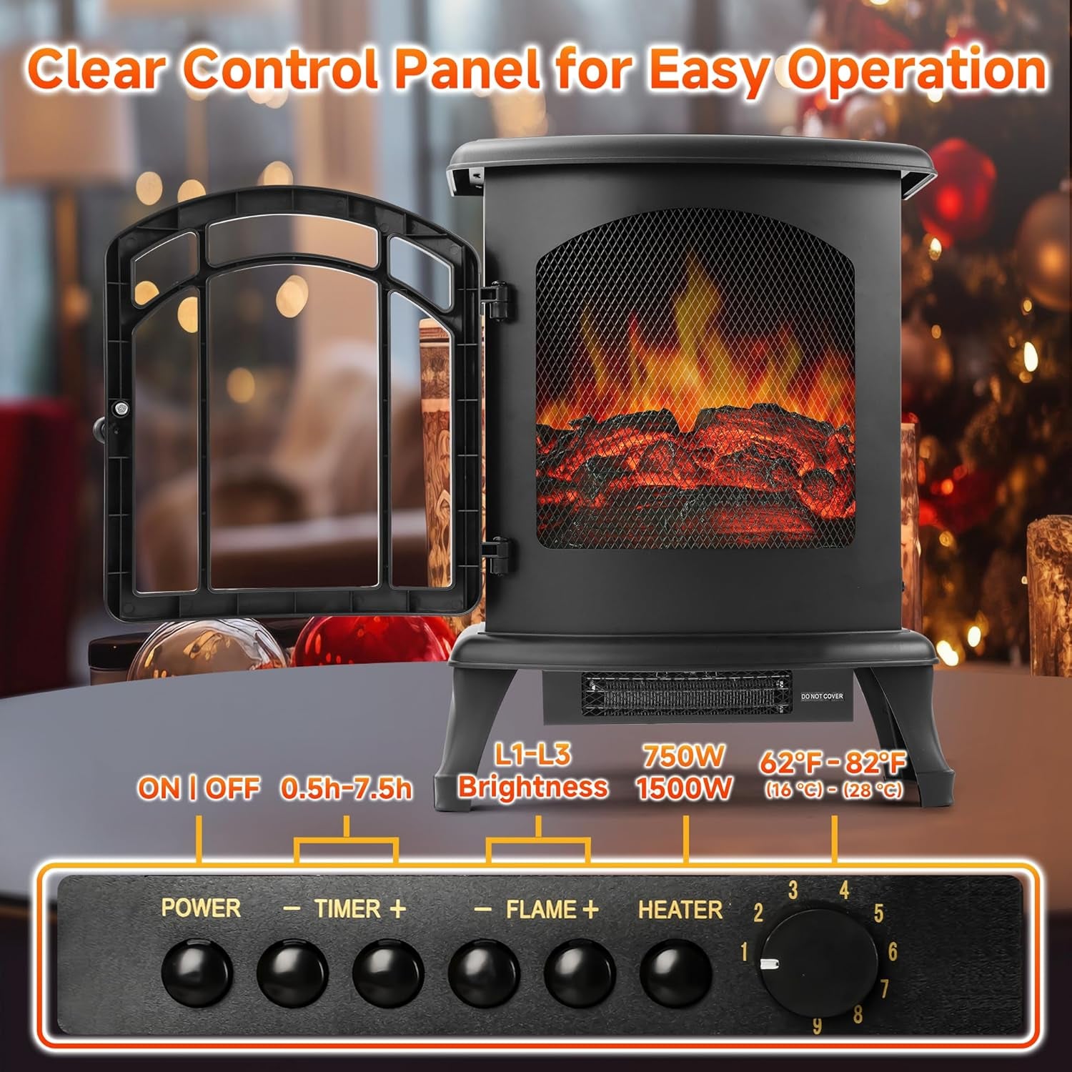 24" Electric Fireplace Heater Stove - Infrared Heater with Realistic LED 3D Flames and Remote Contro, Fire Place Electric, Fake Freestanding Fireplace for Indoor Use, Timer, 750 | 1500W