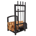 Jivin 5-Piece Fireplace Tool Set and Log Rack - Mission-Style Firewood Holder with Shovel, Broom, Tongs, and Poker for Hearth