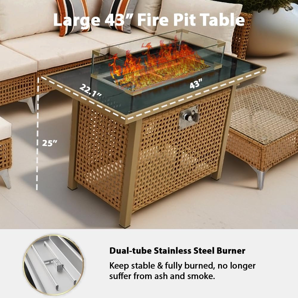 Outdoor Patio 43" Propane Gas Fire Pit Table, 60000 BTU Rectangular Open Weave with Glass Wind Guard for Garden, Couch, Porch, Backyard, Orange & Mustard Yellow
