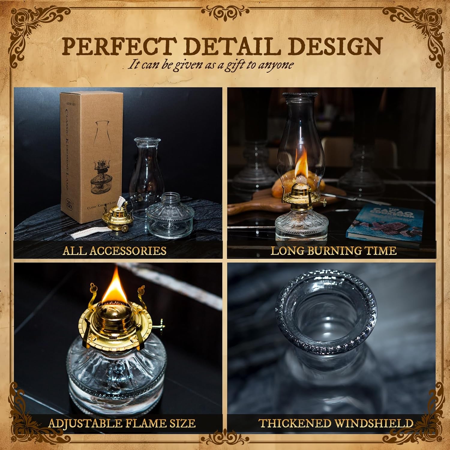 2 Pieces Oil Lamps for Indoor Use Hurricane Lamp Kerosene Lantern Vintage Emergency Large Decorative Classic with Adjustable Fire Wick for Home Indoor Use