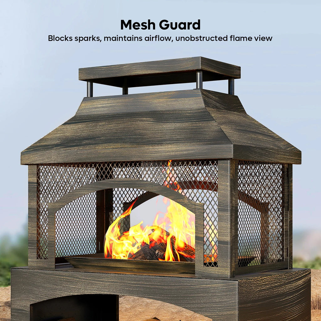 Fire Pits for outside Wood Burning, Outdoor Fireplace with Log Storage Rack, Freestanding Chiminea Fireplace with Mesh Screen and Pocker for Backyard Patio Party Camping Picnic, 37"