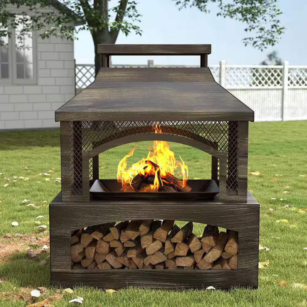 37 In. Steel Outdoor Wood Burning Fireplace with Wood Storage Rectangular Freestanding