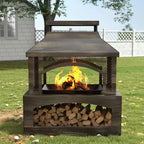 37 In. Steel Outdoor Wood Burning Fireplace with Wood Storage Rectangular Freestanding
