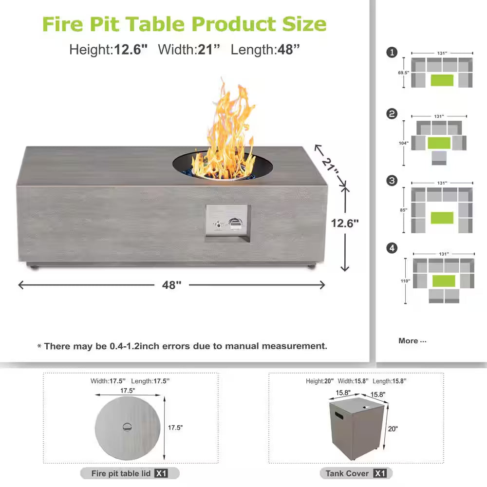 48 In. 50,000 BTU Rectangle Outdoor Gas Fire Pit Table in Brown with RGB LED Light