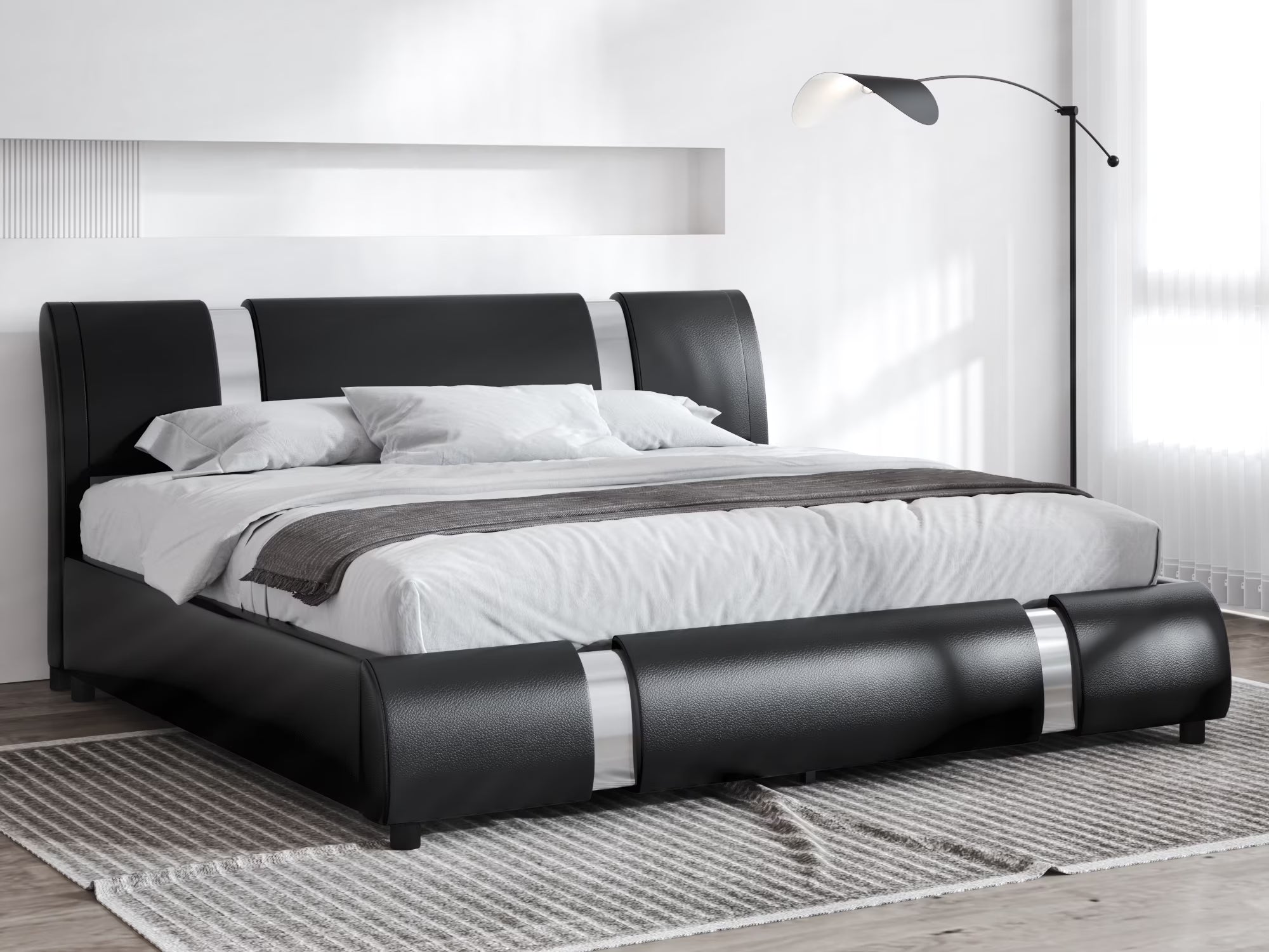 King Size Platform Bed Frame with Delux Iron Pieces Decor and Modern Faux Leather, Black