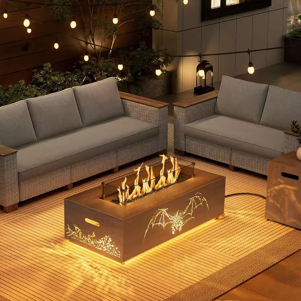 42 In. 50,000 BTU Rectangle Outdoor Propane Gas Fire Pit Table in Brown with Golden LED Light