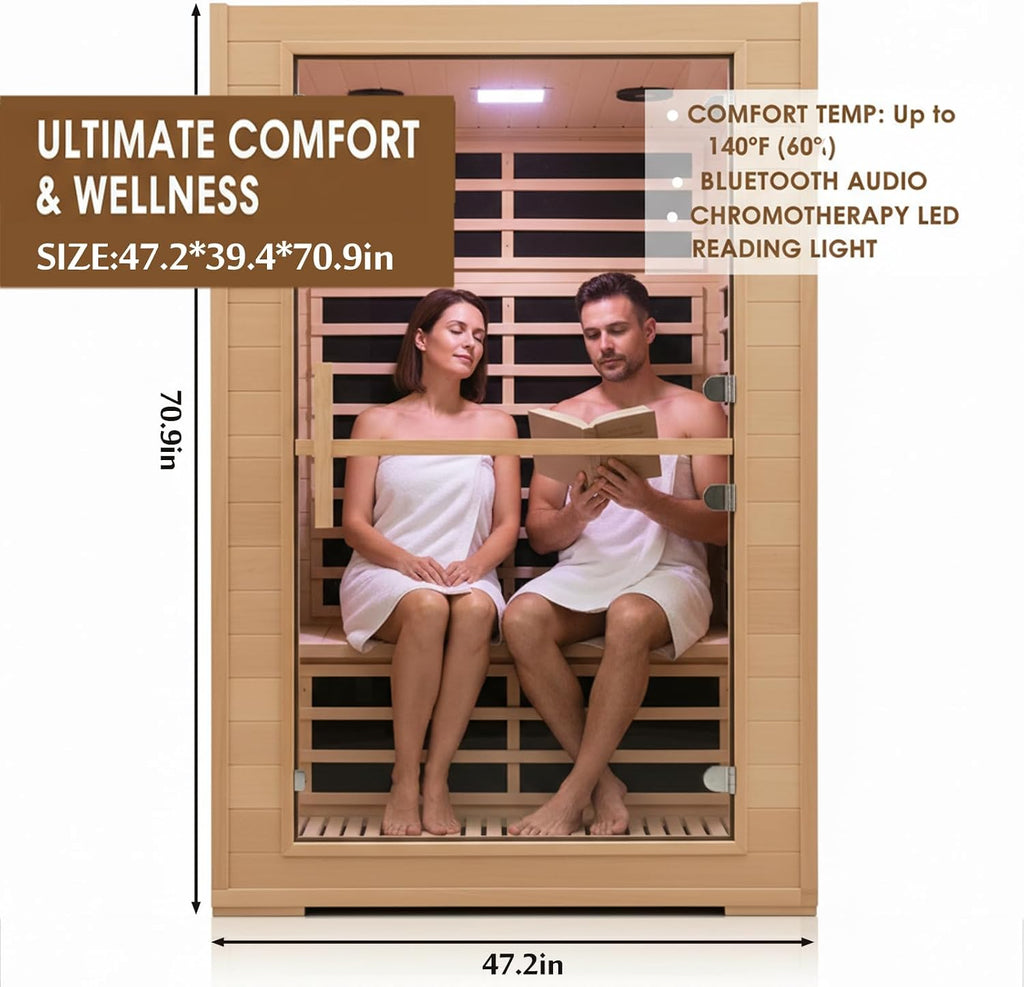 2 Person Far Infrared Sauna, 1800W Low EMF Wooden Infrared Sauna Room for Home, 8 Heating Panels Therapy Sauna with Hemlock Wood, Indoor Sauna Spa for Relaxation, Muscle Relief (Double Person Sauna)