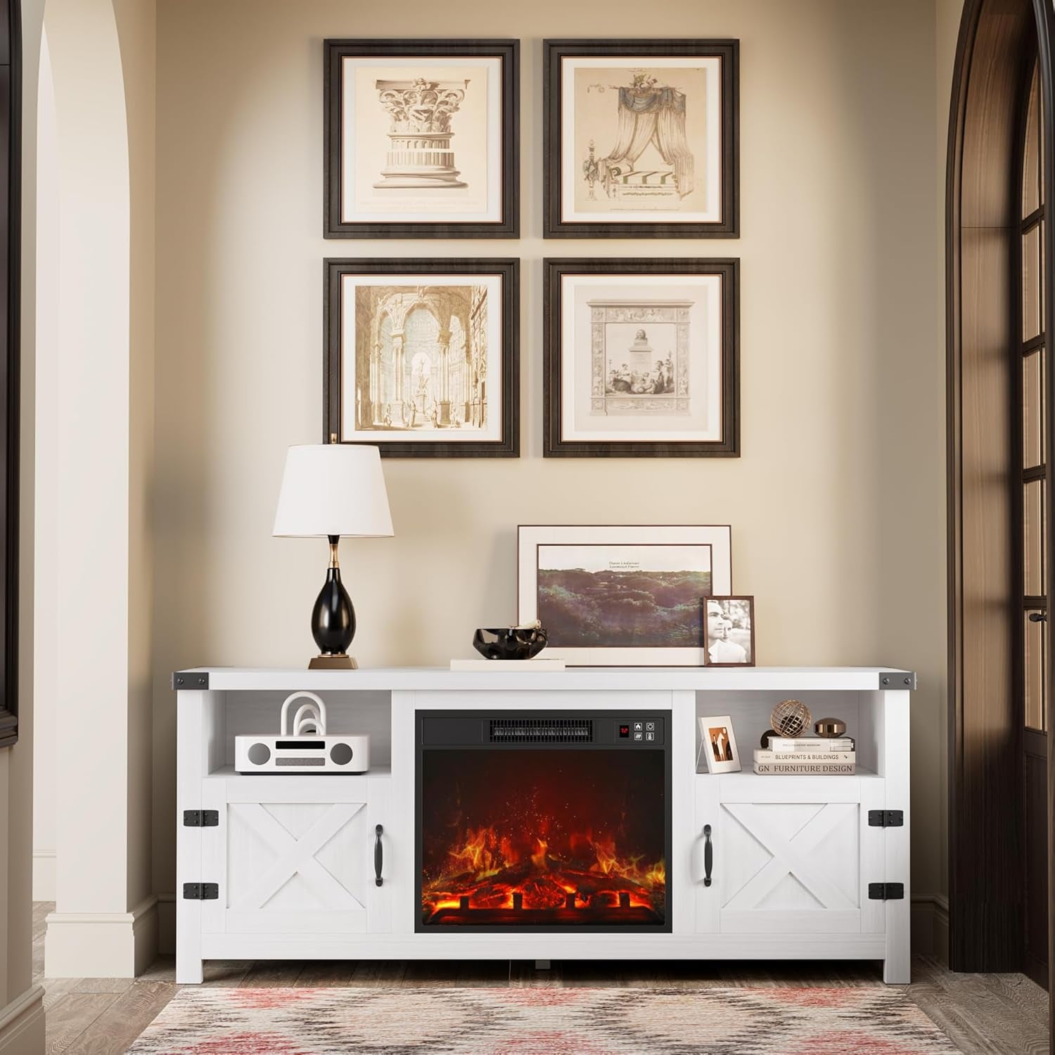 Fireplace TV Stand with 18” Electric Fireplace, Modern Fire Place TV Stands for Living Room, Entertainment Center with Storage Cabinet (Ivory)
