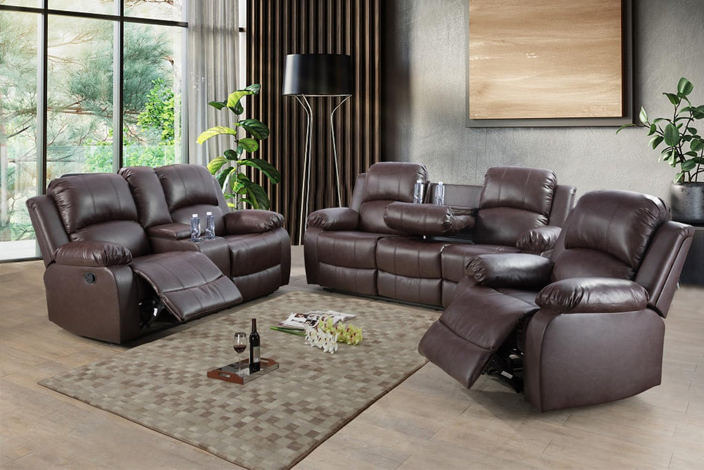 Manual Leather Recliner Sofa Set for Living Room Furniture Sets,Reclining Couch Set, Leather Couch Set for Living Room/Lounge/Club/Apartment(Brown,Sofa+Loveseat+Chair)