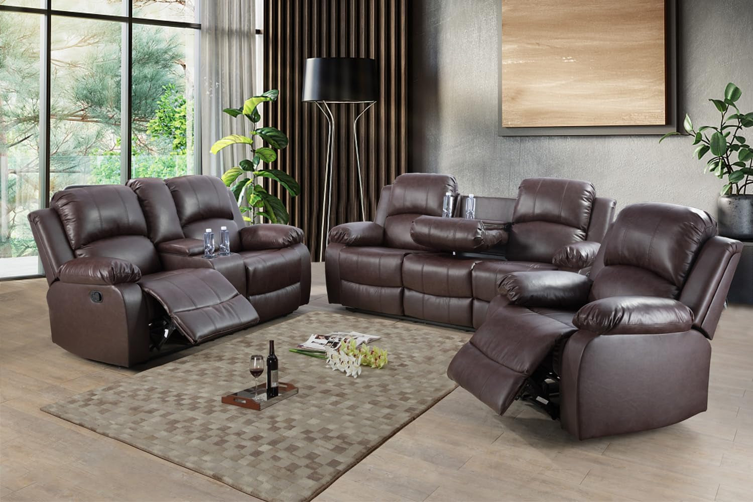 Manual Leather Recliner Sofa Set for Living Room Furniture Sets,Reclining Couch Set, Leather Couch Set for Living Room/Lounge/Club/Apartment(Brown,Sofa+Loveseat+Chair)