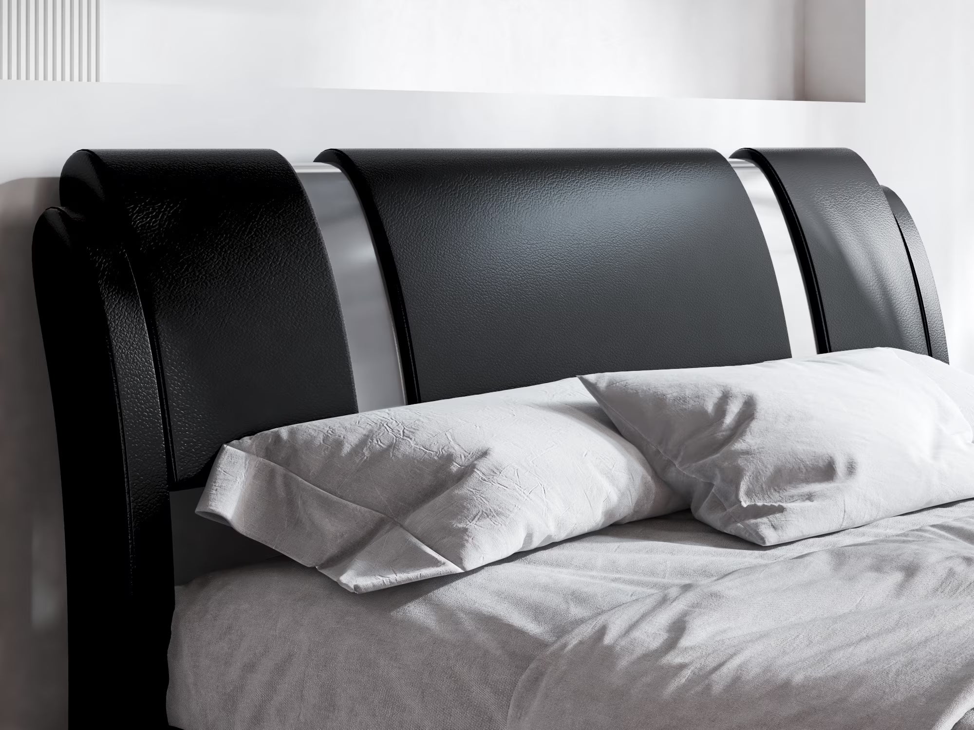 King Size Platform Bed Frame with Delux Iron Pieces Decor and Modern Faux Leather, Black